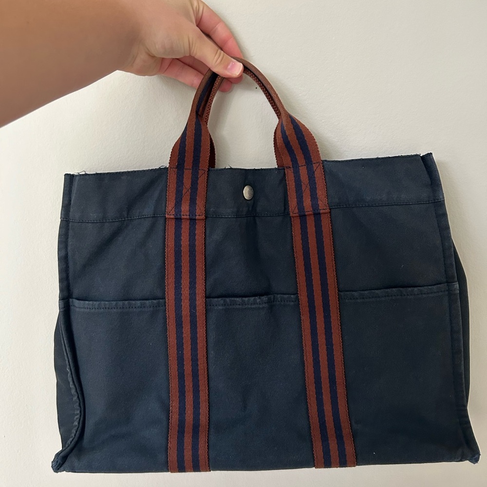 Hermes Tote Bag Navy Blue Canvas